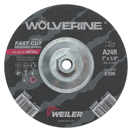 Weiler Wolverine Grinding Wheel, 7" x 1/4" x 5/8", Type 27 10pk - 56468