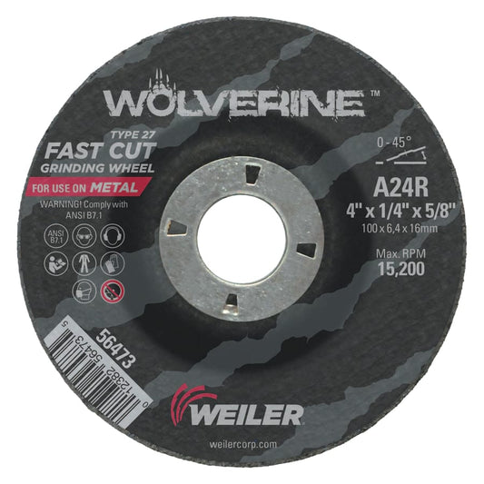 Weiler Wolverine Grinding Wheel, 4" x 1/4" x 5/8", Type 27, 10/pk - 56473