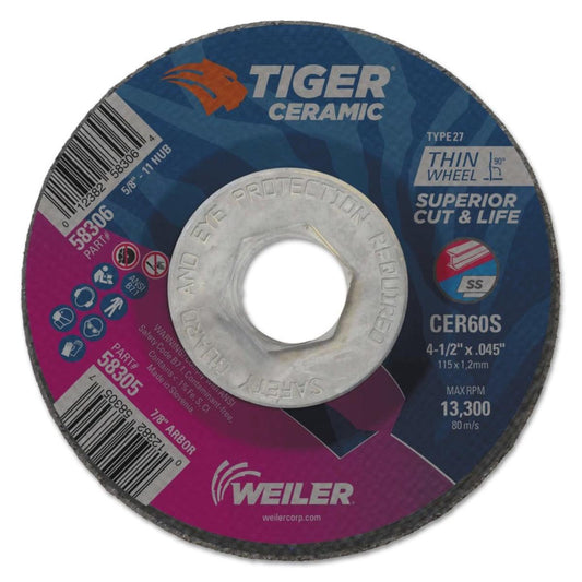 Weiler Tiger Ceramic Alumina Cutting Wheels, Type 27, 5/8-11" Hub, 10/pk