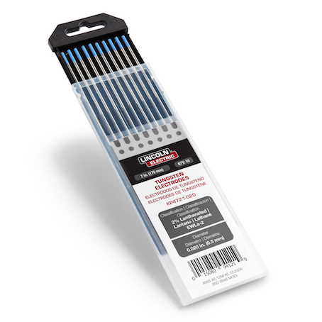 ten pack of Lincoln 2% Lanthanated Premium Tungsten Electrodes size .020 sitting diagonally