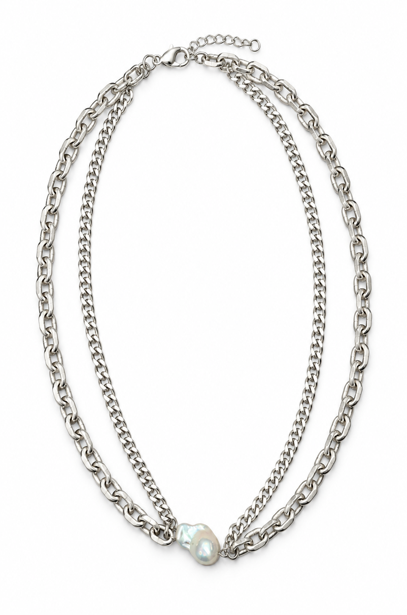 DOUBLE CHAIN PEARL NECKLACE
